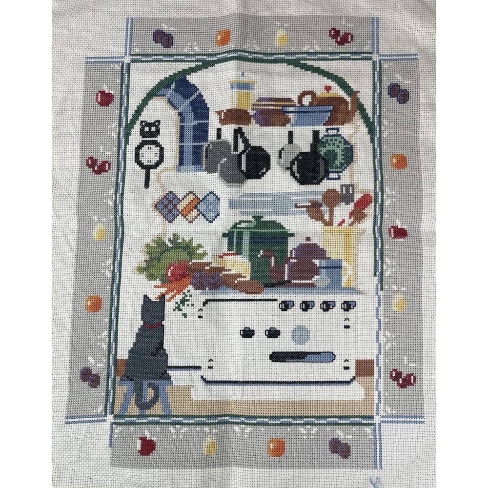 Sunset Kitchen Delight Cat Kitty By Stove Counted Cross Stitch Finished